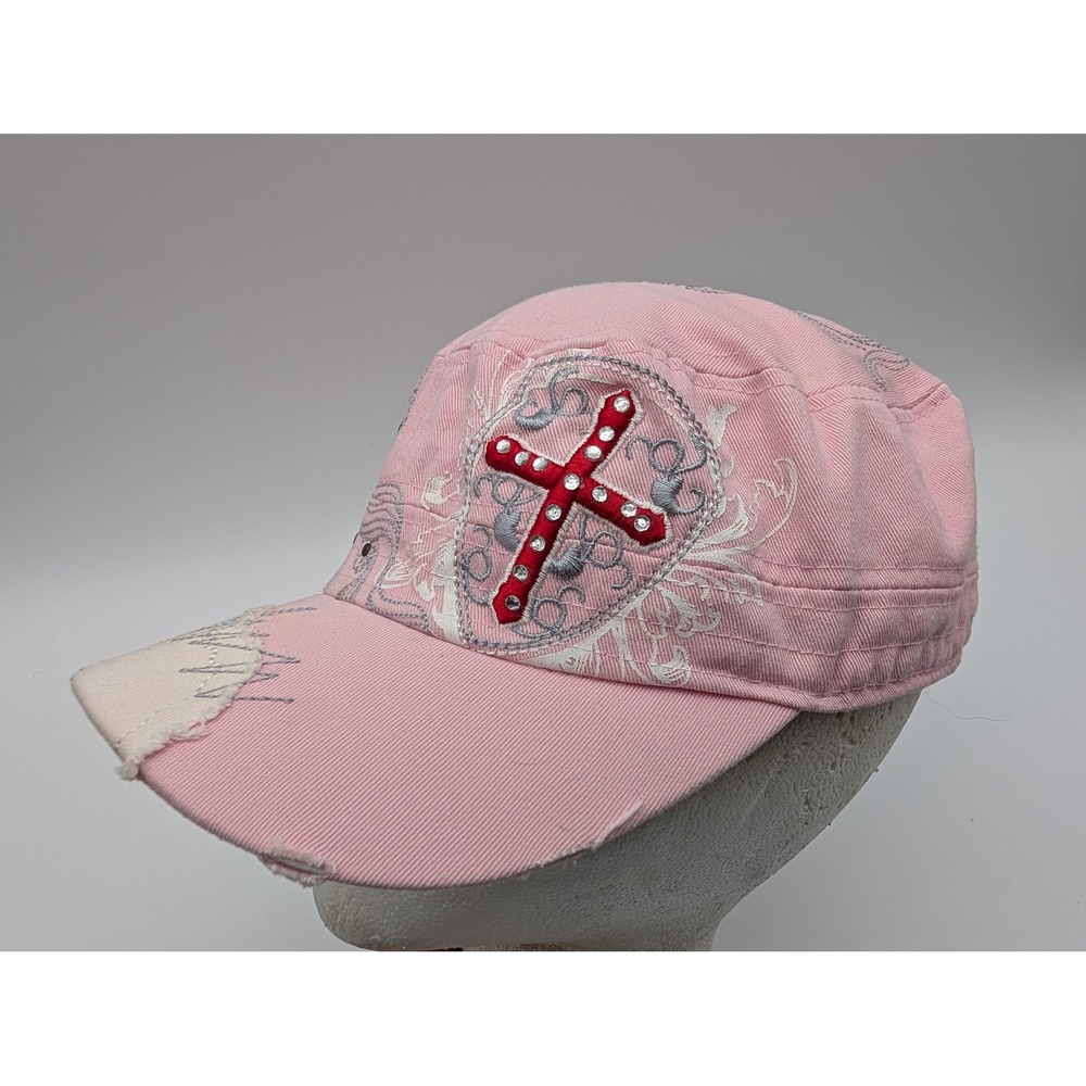 Pit Bull Choice Cap Pink Cadet Hat Cross Rhinestone Distressed Cotton Y2K Style